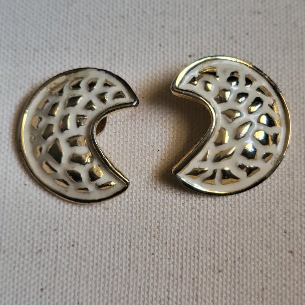 Vintage Cresent Shaped Gold and White Enamel Clip On Earrings